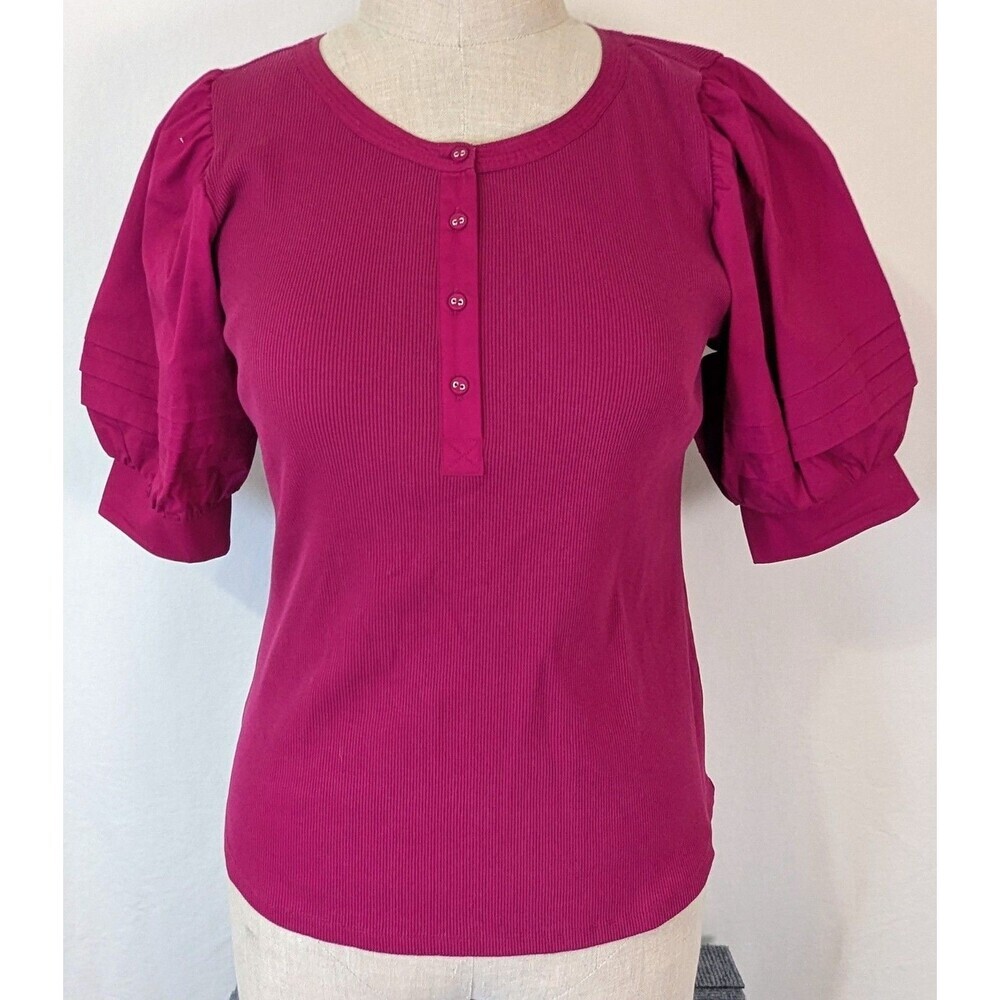 Chico's Magenta Ribbed Puff Sleeve Henley Top Size 1 (Medium)